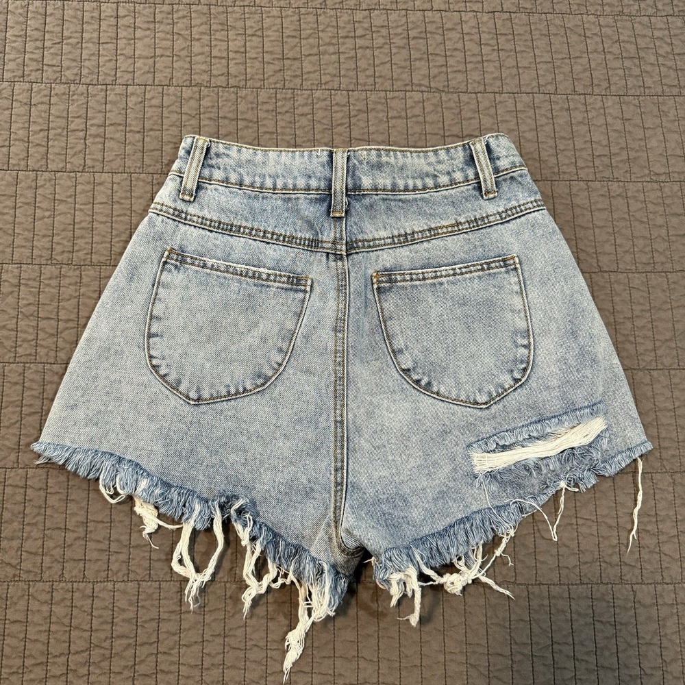 Princess Polly Denim Shorts Women 4 Blue Distressed Raw Hem Casual Summer Jorts - Picture 2 of 12